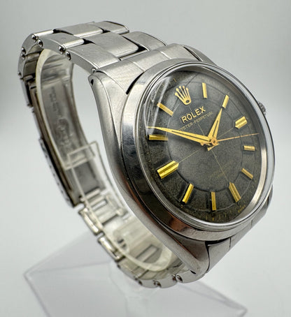 Rolex Oyster Perpetual 34 Full Steel Riveted Glossy Gilt Tropical Dial Gold Markers 1955