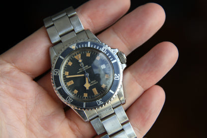 Tudor Submariner Snowflake Full Steel Black Pumpkin Patina Blue Insert Rare Confetti Dial 1968 (Unpolished/Serviced)