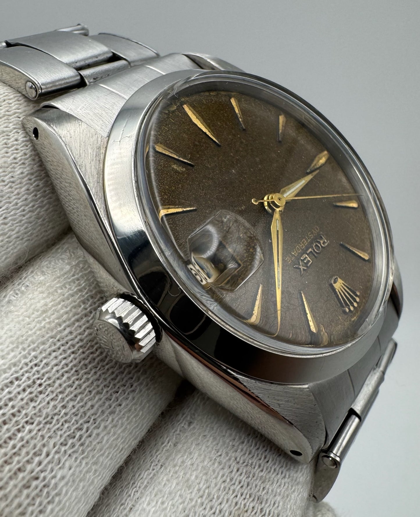 Rolex Oysterdate Precision Full Steel Riveted Tropical Brown Dial 1964 Big Logo Coronet Sword Hands (Serviced)