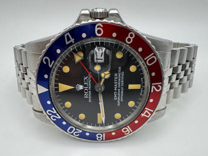Rolex GMT-Master 1675 Full Steel Jubilee Pepsi Yellow Patina Early Service Tritium Dial 1975
