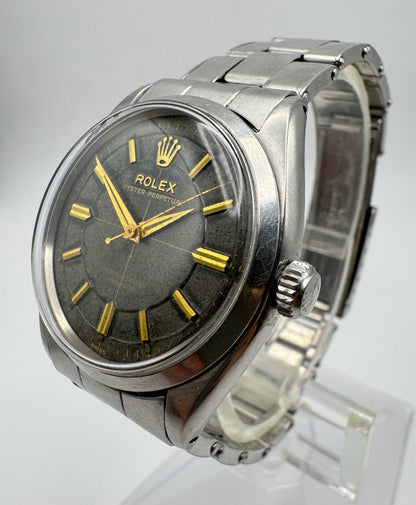 Rolex Oyster Perpetual 34 Full Steel Riveted Glossy Gilt Tropical Dial Gold Markers 1955