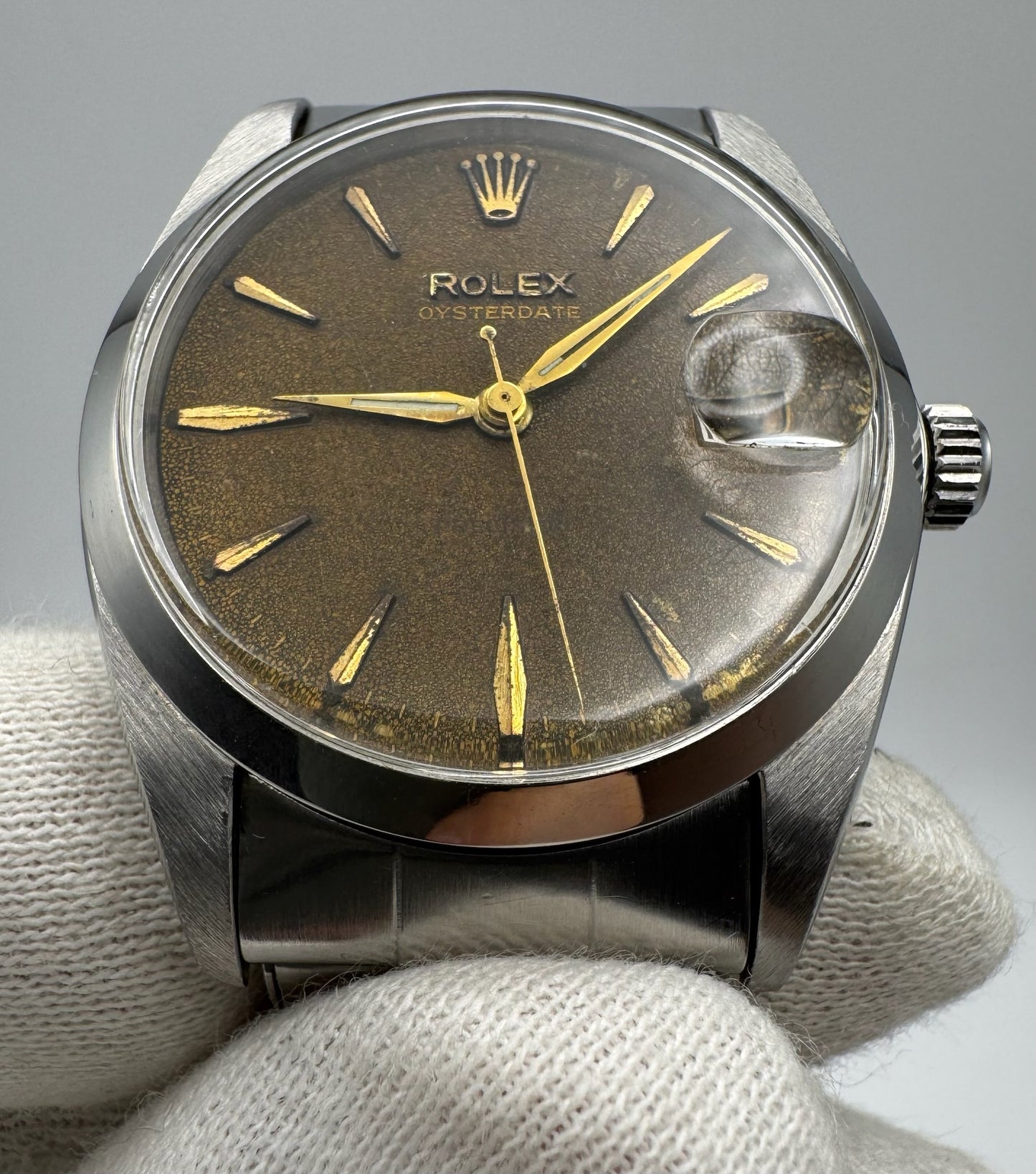 Rolex Oysterdate Precision Full Steel Riveted Tropical Brown Dial 1964 Big Logo Coronet Sword Hands (Serviced)