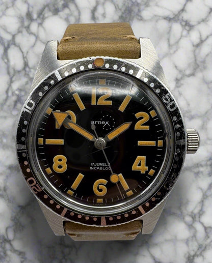 Arnex Skin Diver Vintage Steel Manual Winding 38mm Heavy Pumpkin Patina 1960’s