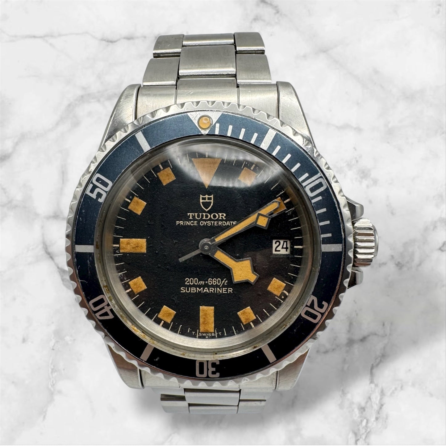 Tudor Submariner Snowflake Full Steel Black Pumpkin Patina Blue Insert Rare Confetti Dial 1968 (Unpolished/Serviced)