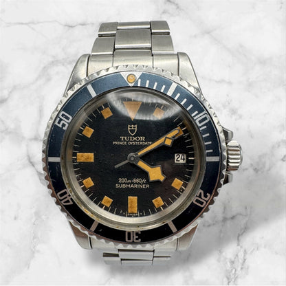 Tudor Submariner Snowflake Full Steel Black Pumpkin Patina Blue Insert Rare Confetti Dial 1968 (Unpolished/Serviced)