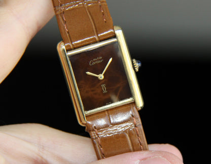 Cartier Tank Vermeil Gold Plated Wood Dial Manual Winding 1990 (Unpolished)