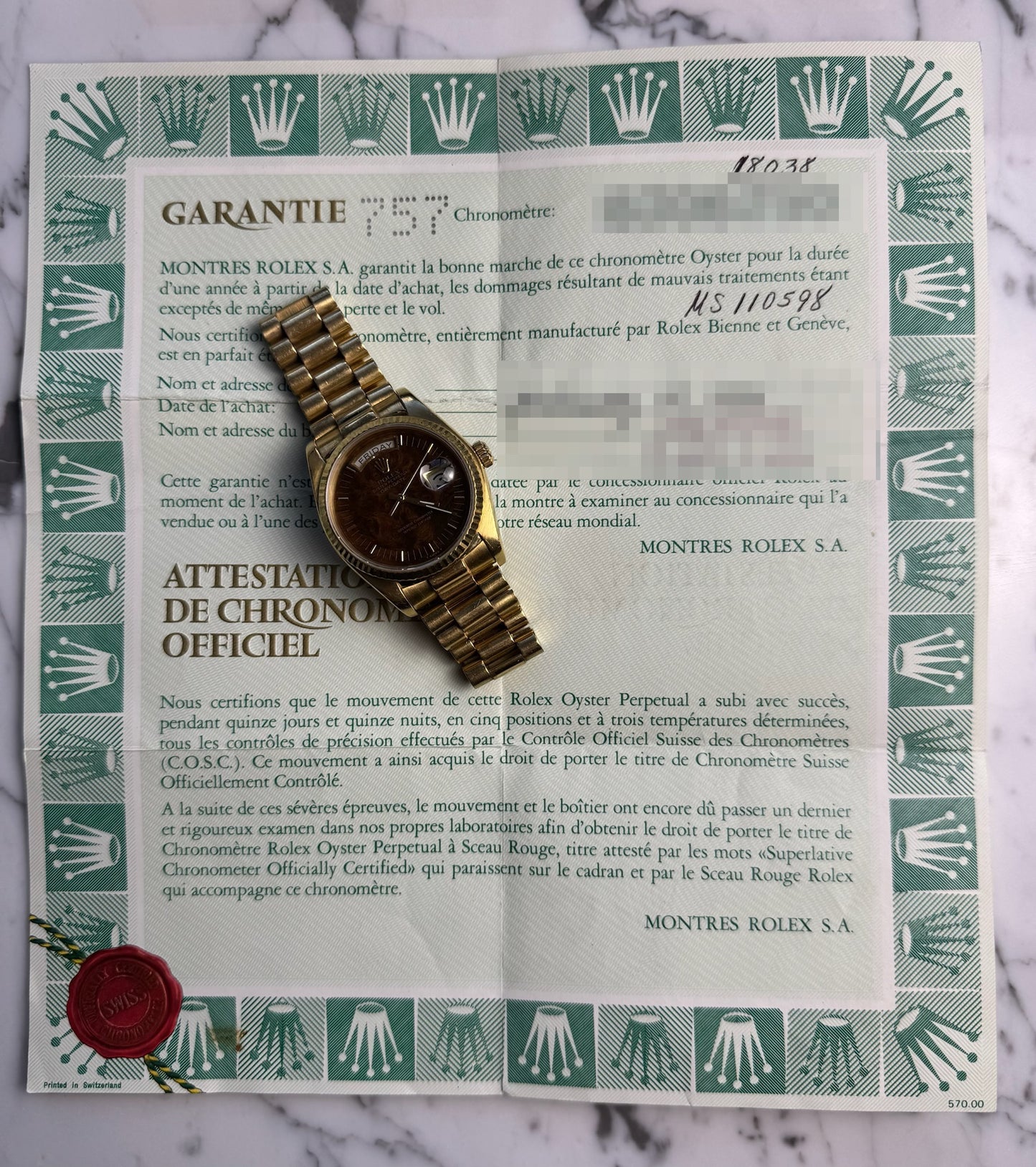 Rolex Day-Date 36 Yellow Gold Rare Wood Dial 1986 (Full-Set/Unpolished)