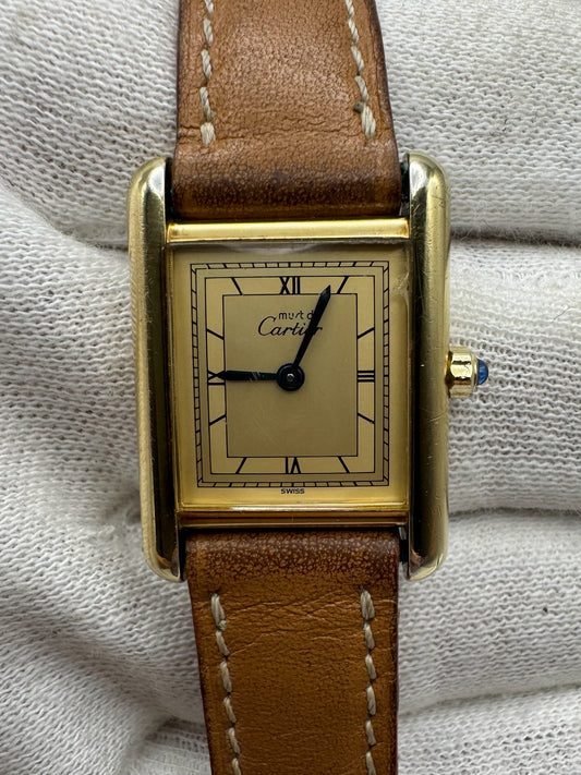 Cartier Tank Vermeil Gold Plated Quartz Champagne Dial 1990