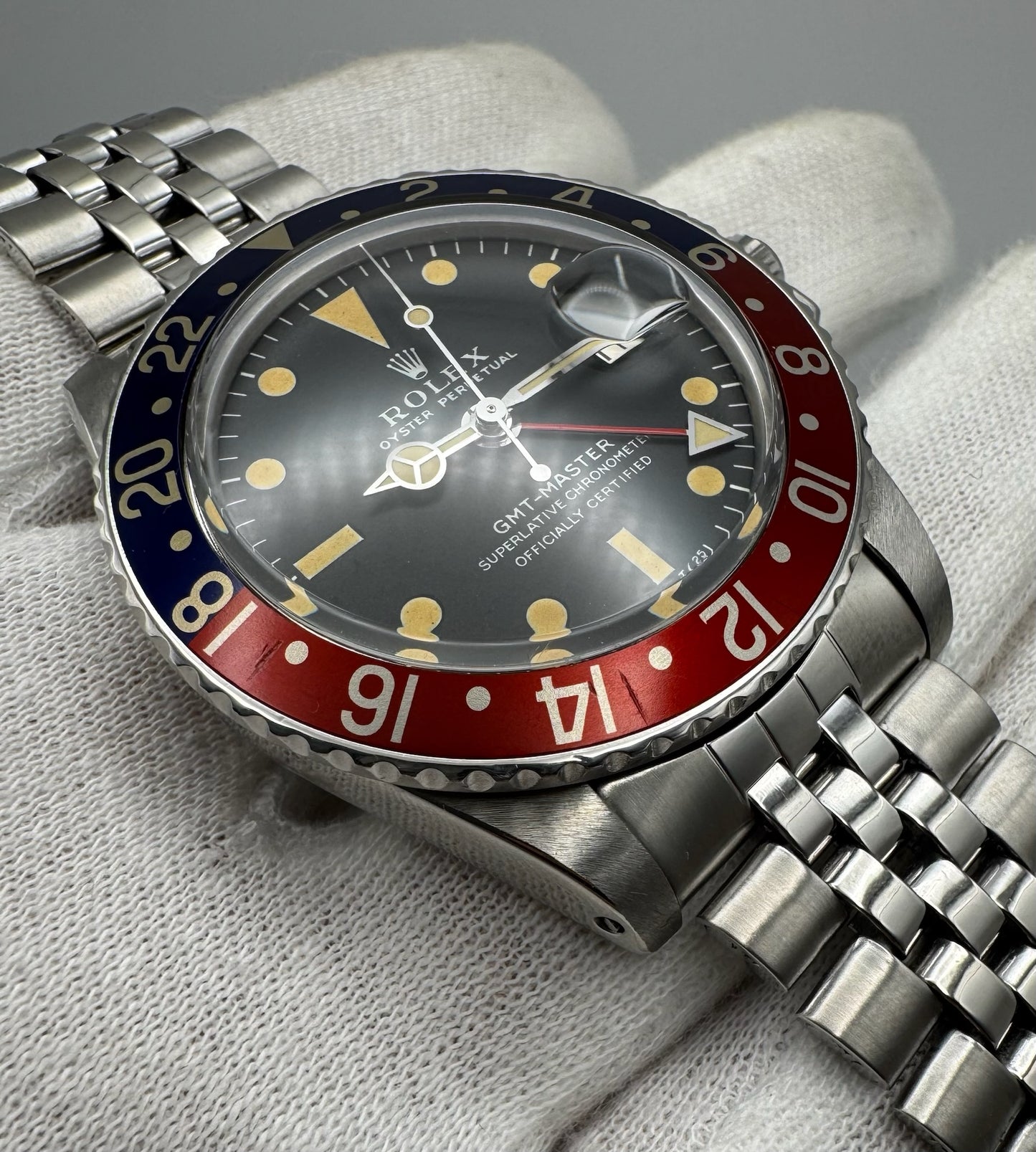 Rolex GMT-Master 1675 MK1 Long E Pepsi Red Back Insert Nice Patina 1968 (Serviced)