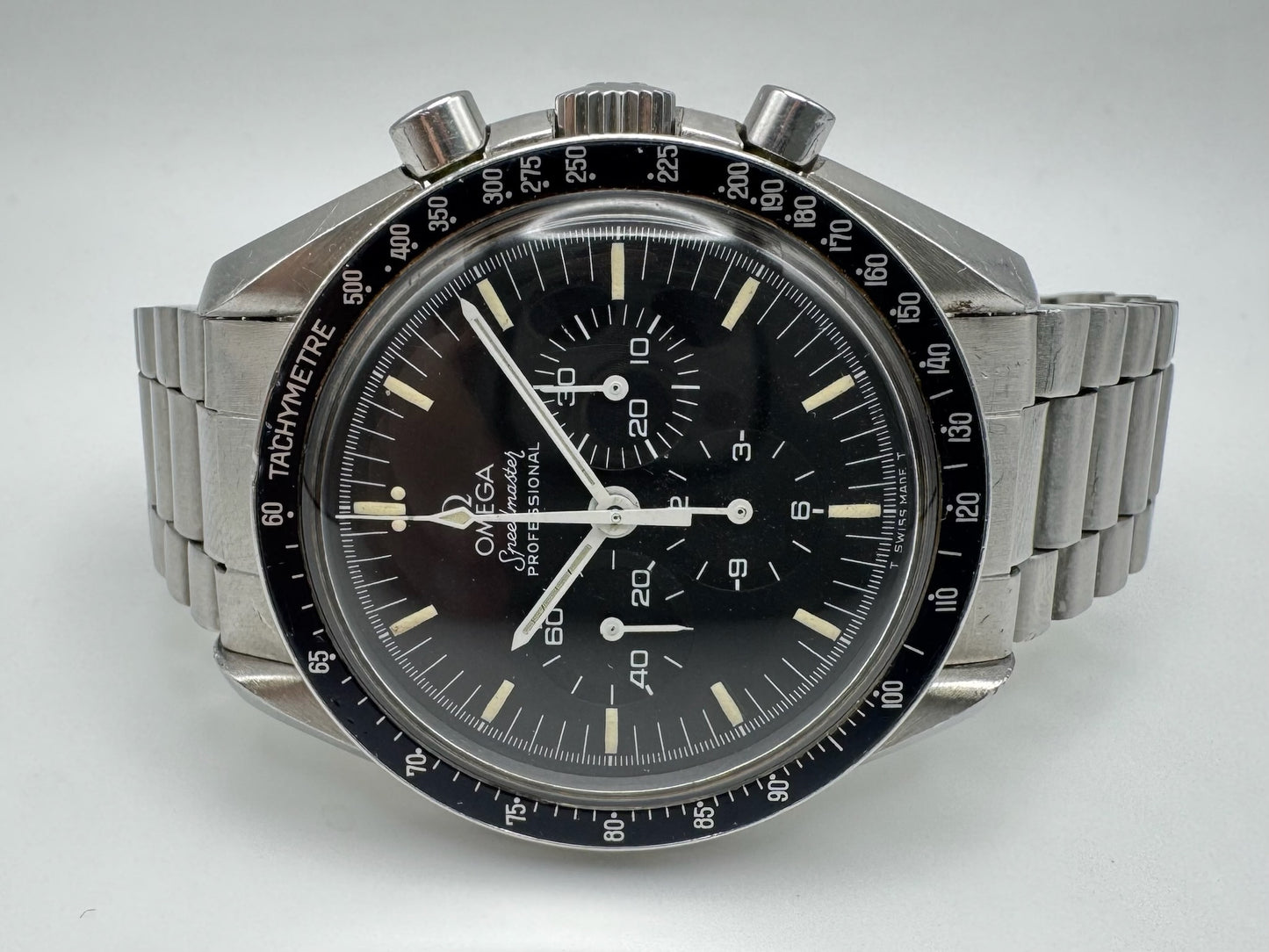 Omega Speedmaster Professional Moonwatch Full Steel Tritium Dial Blue Insert 1970’s (Unpolished)
