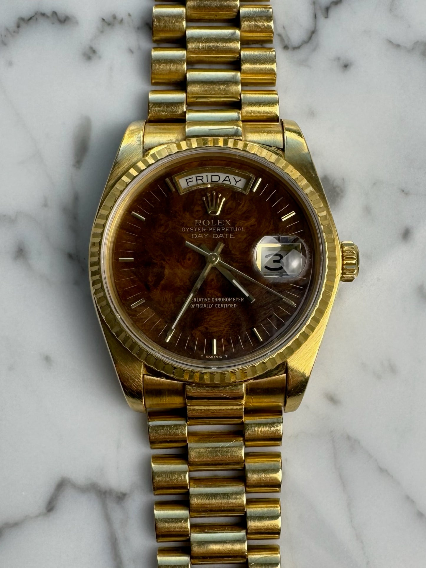 Rolex Day-Date 36 Yellow Gold Rare Wood Dial 1986 (Full-Set/Unpolished)