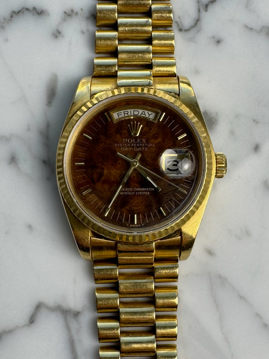 Rolex Day-Date 36 Yellow Gold Rare Wood Dial 1986 (Full-Set/Unpolished)