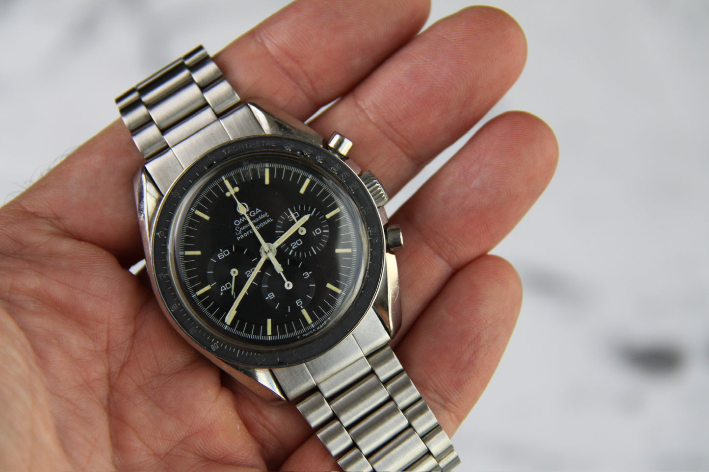 Omega Speedmaster Professional Moonwatch Full Steel Ghost Bezel Yellow Patina Step Dial 1969 (Serviced)