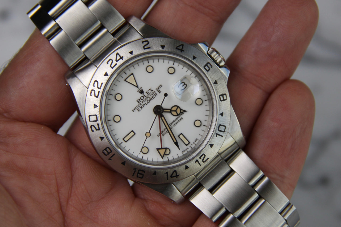Rolex Explorer II Polar “Chicchi Di Mais” Full Steel 1990 Porcelain Dial Yellow Patina (Serviced)