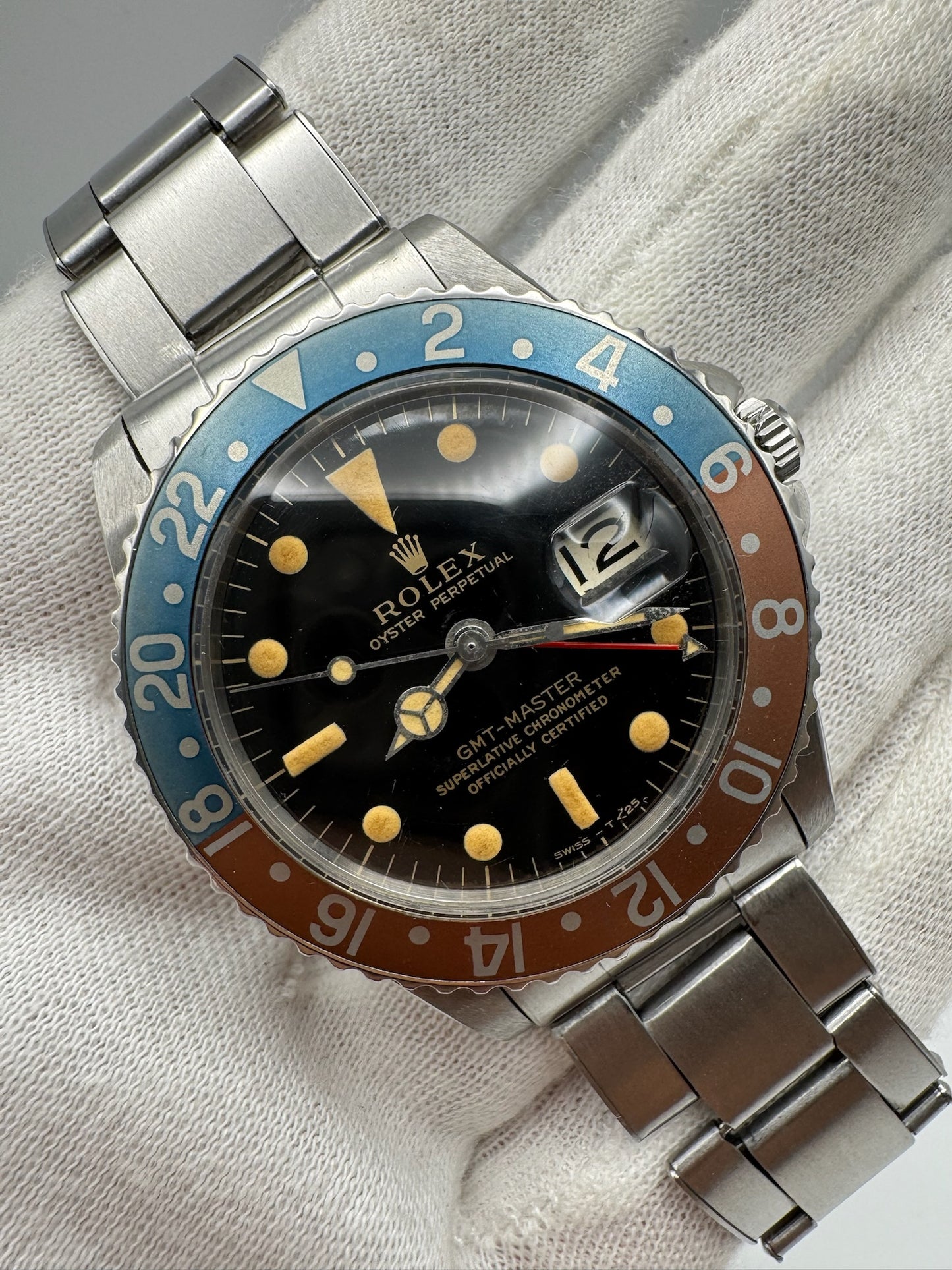 Rolex GMT-Master 1675 PCG Cornino Glossy Gilt Heavy Patina Zinc Sulfide Pepsi 1960 (Serviced)