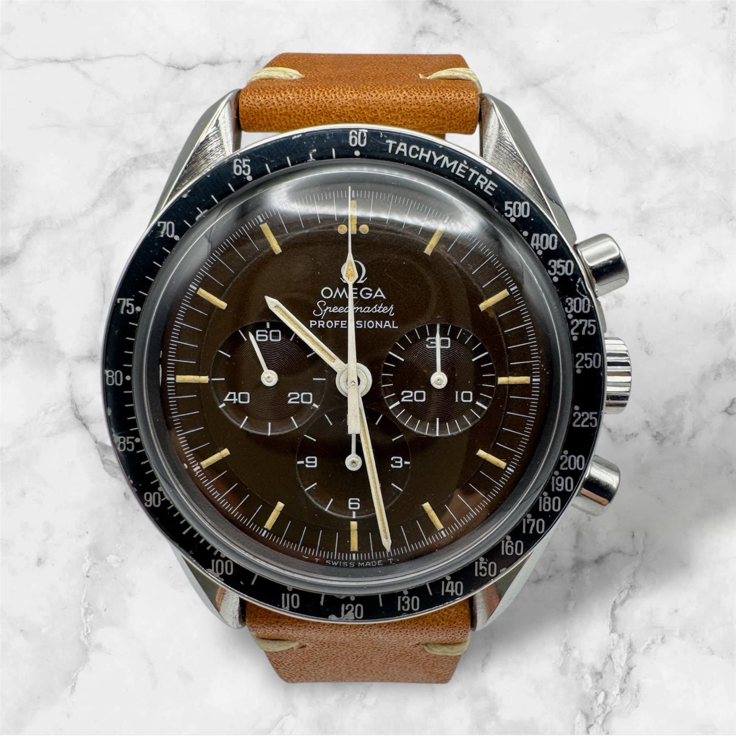 Omega Speedmaster Professional Moonwatch Tropical Brown Dial Heavy Patina Blue Insert 1969 (Serviced)