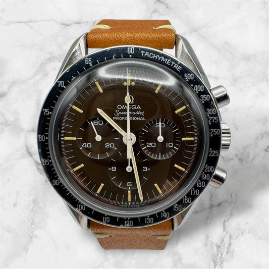 Omega Speedmaster Professional Moonwatch Tropical Brown Dial Heavy Patina Blue Insert 1969 (Serviced)
