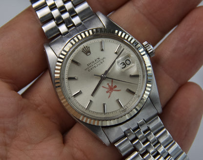 Rolex Datejust 36 1601 Red Khanjar Sultanate Of Oman Logo Silver Dial No Lume 1971 (Serviced)