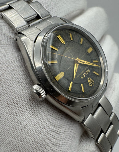 Rolex Oyster Perpetual 34 Full Steel Riveted Glossy Gilt Tropical Dial Gold Markers 1955