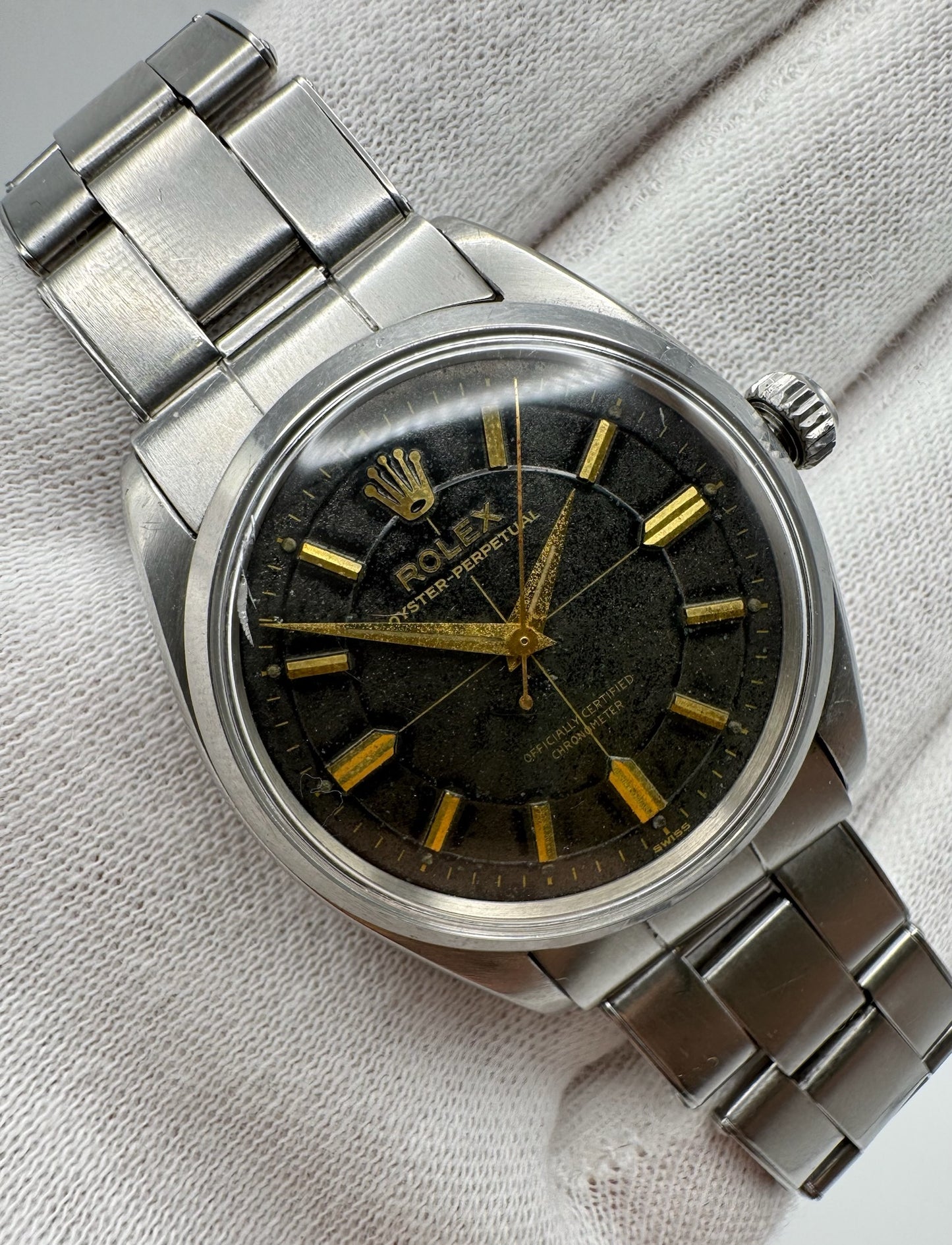 Rolex Oyster Perpetual 34 Full Steel Riveted Glossy Gilt Tropical Dial Gold Markers 1955