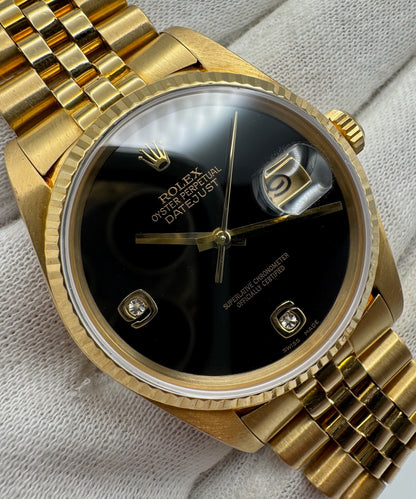 Rolex Datejust 36 Full Gold 18K OEM Factory Onyx Dial 1986 (Service Papers)