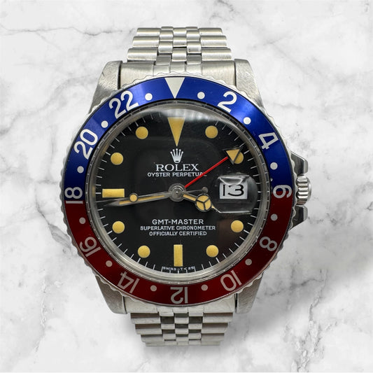Rolex GMT-Master 1675 Full Steel Jubilee Pepsi Yellow Patina Early Service Tritium Dial 1975