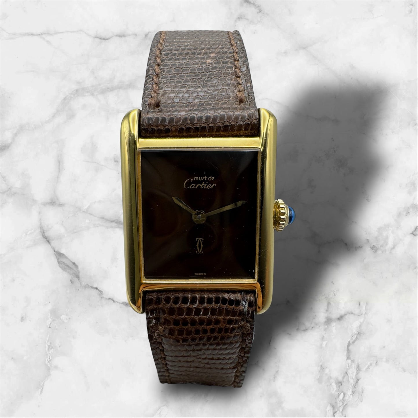 Cartier Tank Vermeil Gold Plated Manual Winding Burl Wood Dial