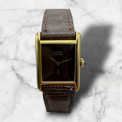 Cartier Tank Vermeil Gold Plated Manual Winding Burl Wood Dial
