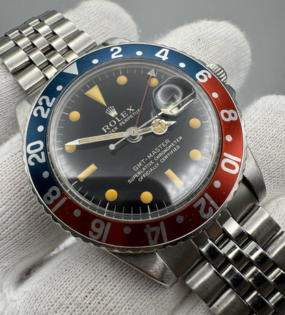 Rolex GMT-Master 1675 Glossy Gilt Mega Font Pepsi Insert Heavy Zinc Sulfide Patina 1964 (Serviced)