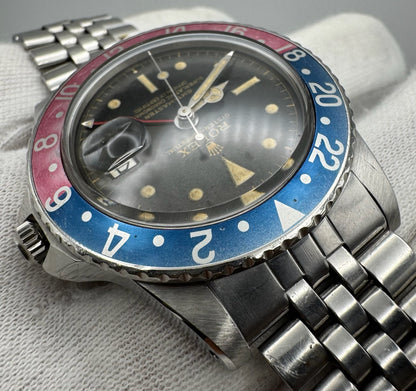 Rolex GMT-Master 1675 PCG Eagle Beak Tropical Glossy Gilt Chapter Ring Exclamation Point Faded Red Back Pepsi Vintage 1963 (Full-Set/Serviced)