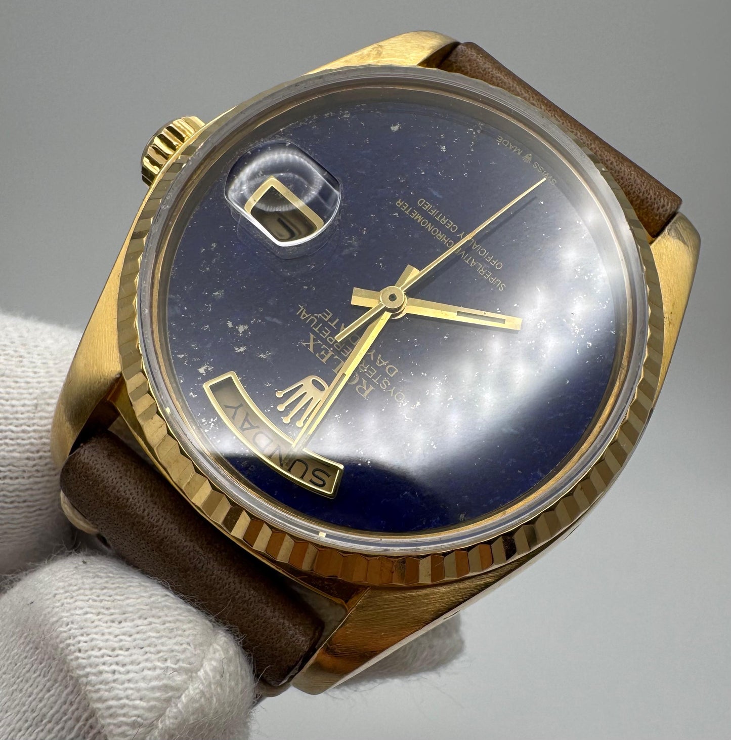 Rolex Day-Date 36 18038 Yellow Gold Aftermarket Real Lapis Lazuli Dial 1983 (Serviced)