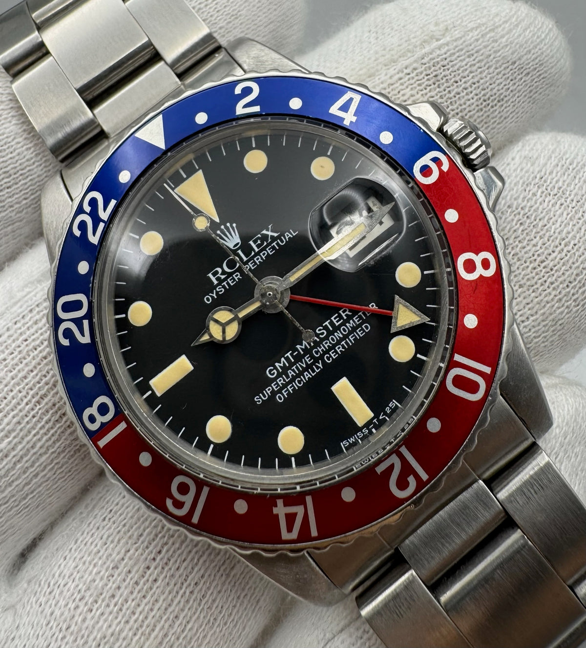 Rolex GMT-Master 1675 Pepsi Matte Tritium Dial Yellow Patina Vintage 1970