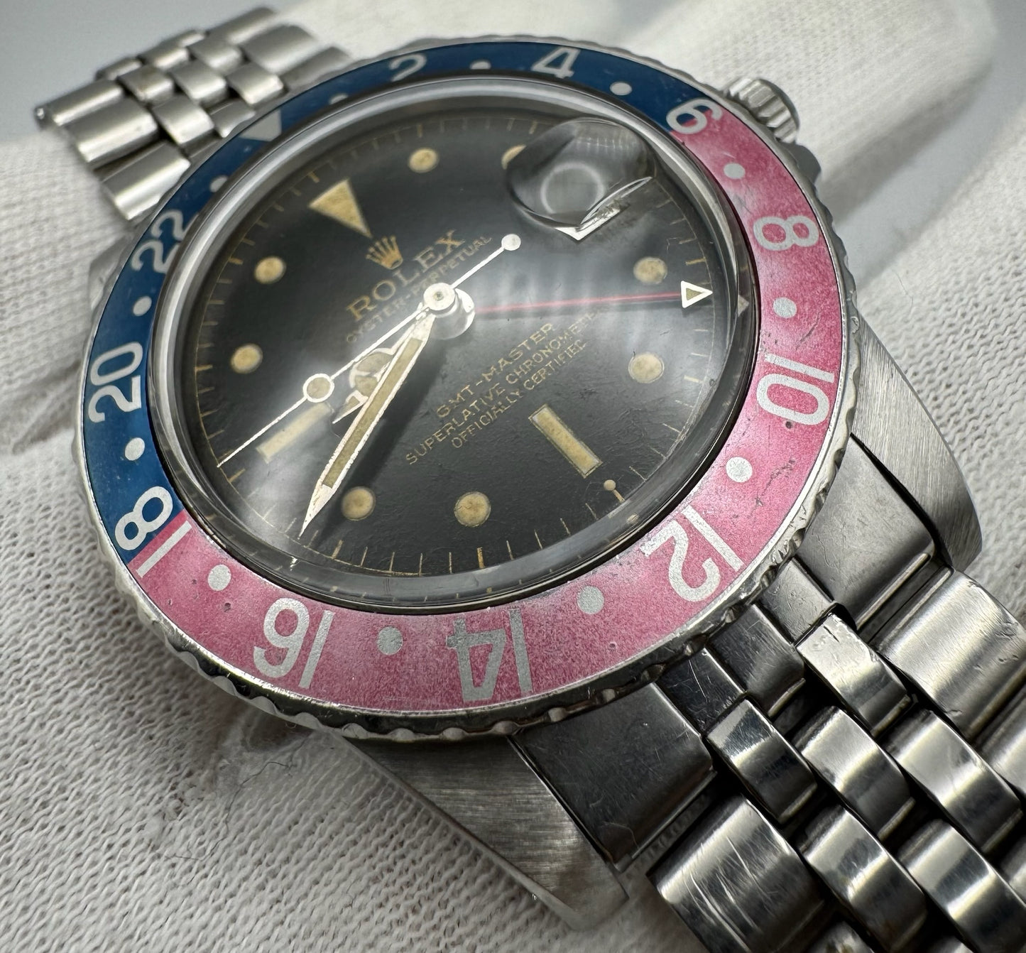 Rolex GMT-Master 1675 PCG Eagle Beak Tropical Glossy Gilt Chapter Ring Exclamation Point Faded Red Back Pepsi Vintage 1963 (Full-Set/Serviced)