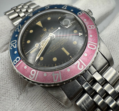 Rolex GMT-Master 1675 PCG Eagle Beak Tropical Glossy Gilt Chapter Ring Exclamation Point Faded Red Back Pepsi Vintage 1963 (Full-Set/Serviced)