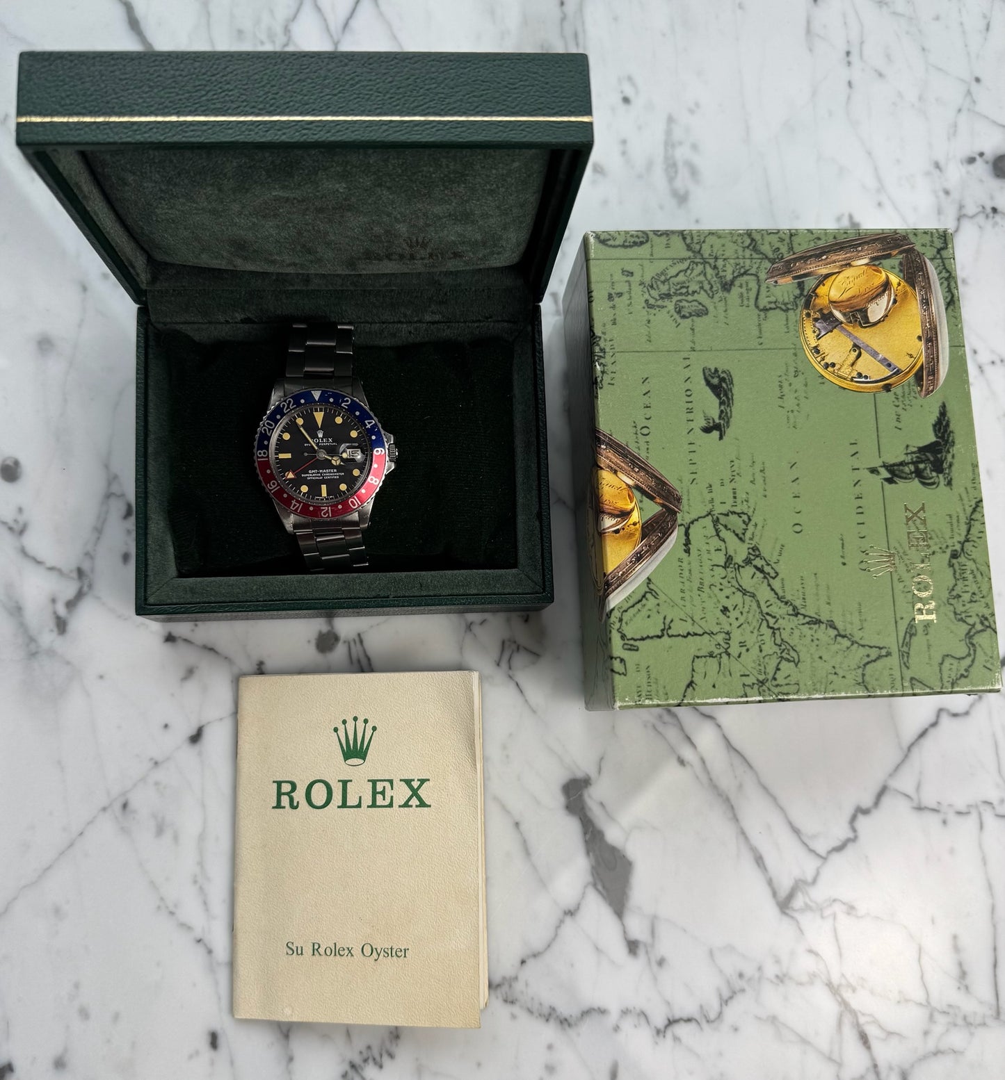 Rolex GMT-Master 1675 MK2 Heavy Patina All Red GMT Hand Pepsi Red Back 1971 (Full-Set/Serviced)