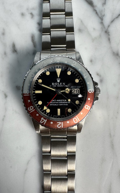 Rolex GMT-Master 1675 MK1 Long E Yellow Patina Faded Red Back Pepsi Insert 1970 (Full-Set/Serviced)