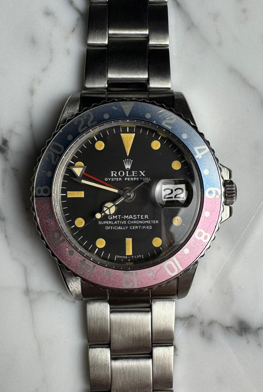 Rolex GMT-Master 1675 MK1 Long E Yellow Patina Red Back Faded Pepsi Insert 1970 (Serviced)