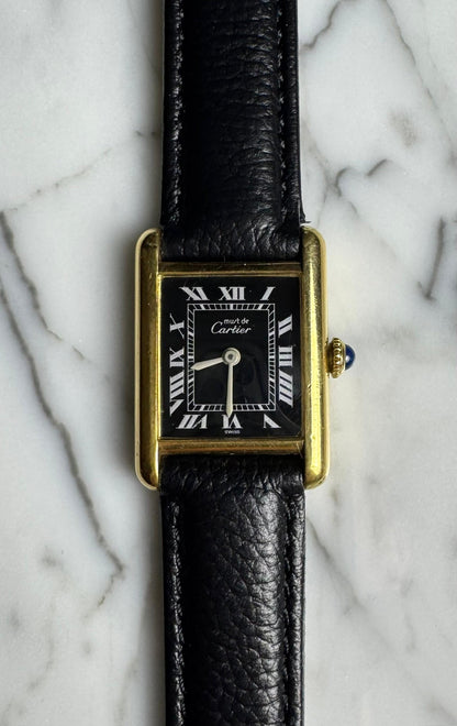 Cartier Tank Vermeil Gold Plated Black Roman Dial 1990 (Unpolished/Serviced)