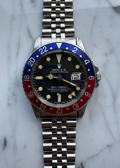 Rolex GMT-Master 1675 MK5 Pepsi Jubilee Yellow Patina 1978 (Serviced)