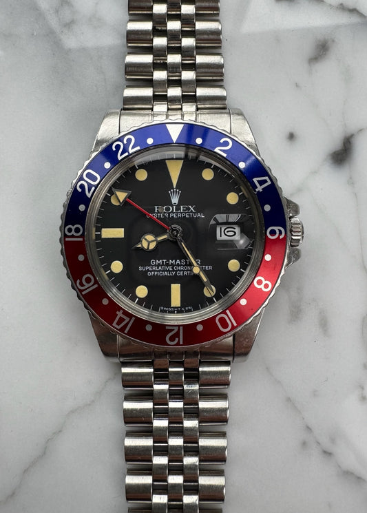 Rolex GMT-Master 16750 MK1 Matte Dial Yellow Patina Pepsi Jubilee 1983 (Full-Set/Serviced)
