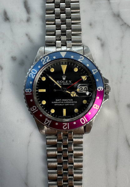 Rolex GMT-Master 1675 MK1 Zinc Sulfide Yellow Patina Fuchsia Bezel 1967