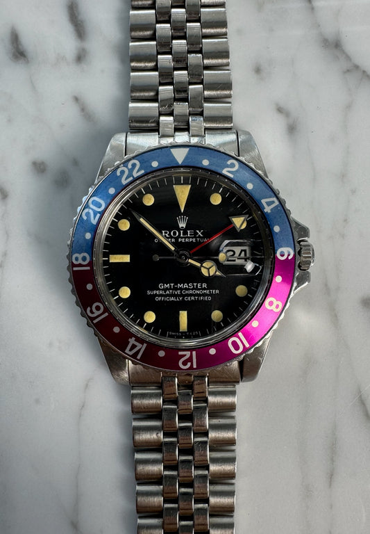 Rolex GMT-Master 1675 MK1 Zinc Sulfide Yellow Patina Fuchsia Bezel 1967