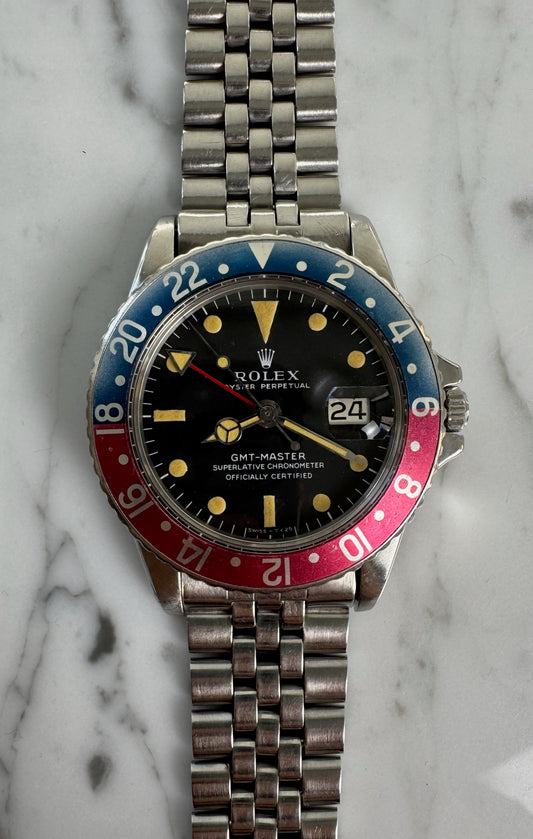 Rolex GMT-Master 1675 MK1 Long E Heavy Patina Pepsi Red Back Jubilee 1967 (Full-Set/Serviced)