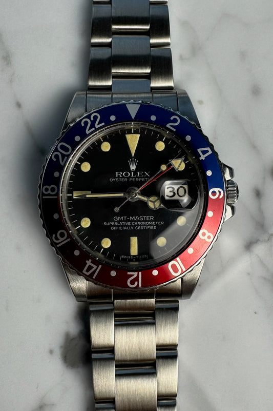 Rolex GMT-Master 1675 MK6 Yellow Patina Pepsi Oyster Bracelet 1978 (Serviced)