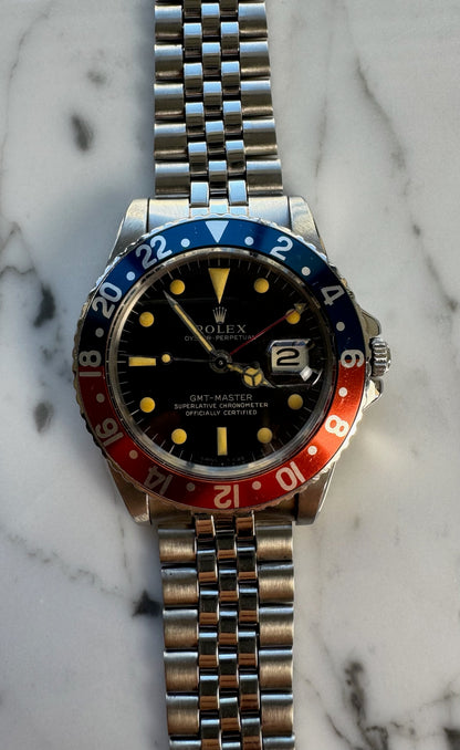Rolex GMT-Master 1675 Glossy Gilt Mega Font Pepsi Insert Heavy Zinc Sulfide Patina 1964 (Serviced)