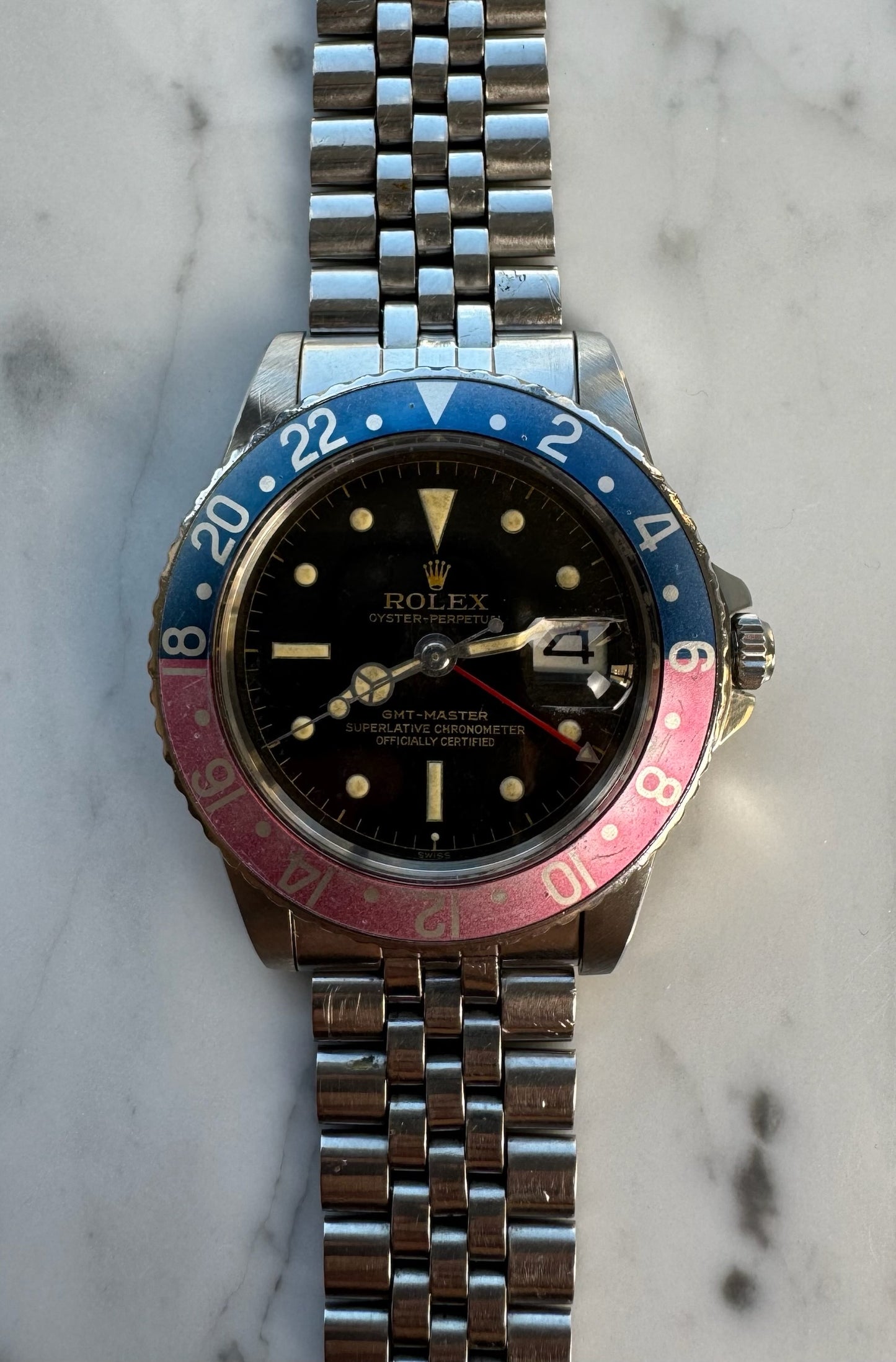 Rolex GMT-Master 1675 PCG Eagle Beak Tropical Glossy Gilt Chapter Ring Exclamation Point Faded Red Back Pepsi Vintage 1963 (Full-Set/Serviced)