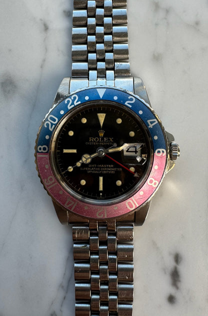 Rolex GMT-Master 1675 PCG Eagle Beak Tropical Glossy Gilt Chapter Ring Exclamation Point Faded Red Back Pepsi Vintage 1963 (Full-Set/Serviced)