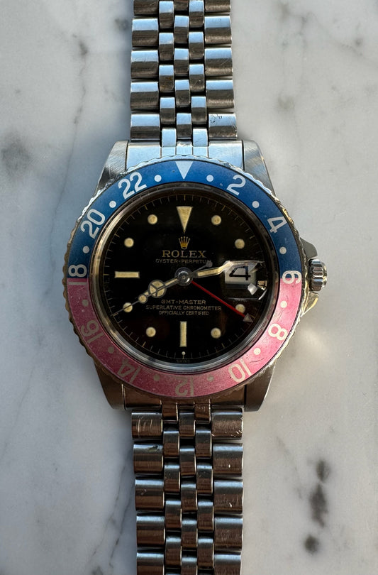 Rolex GMT-Master 1675 PCG Eagle Beak Tropical Glossy Gilt Chapter Ring Exclamation Point Faded Red Back Pepsi Vintage 1963 (Full-Set/Serviced)