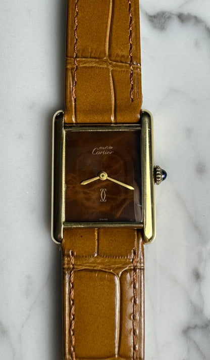 Cartier Tank Vermeil Gold Plated Wood Dial Manual Winding 1990 (Unpolished)