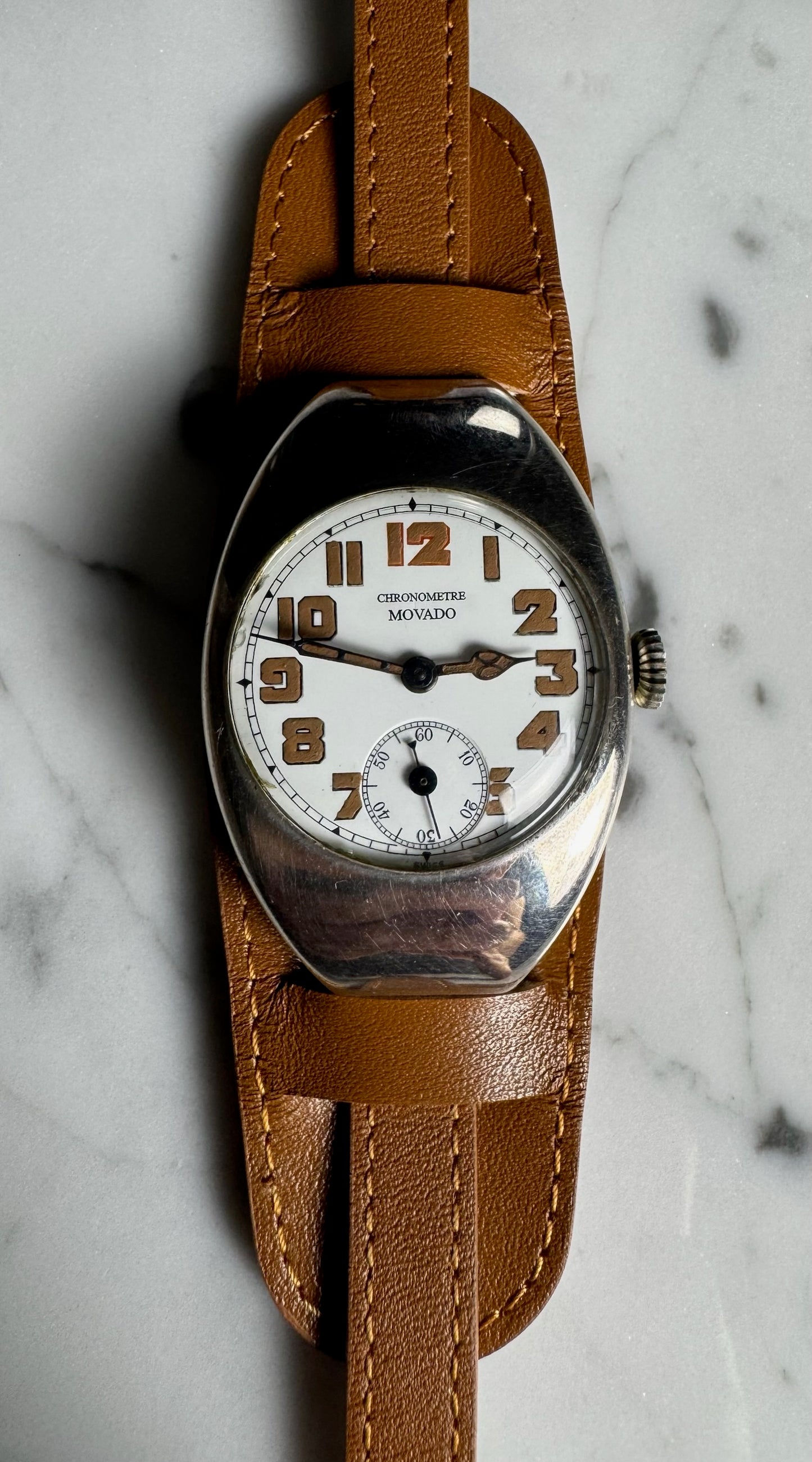 Movado Vintage Military Trench Watch Sterling Silver Large Case Porcelain Dial 1920s (Unpolished)